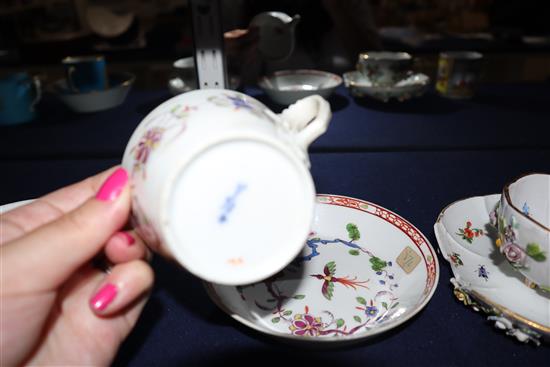 Four Meissen cups and three saucers, 18th and 19th century, cups 6.2 - 8.5cm diameter